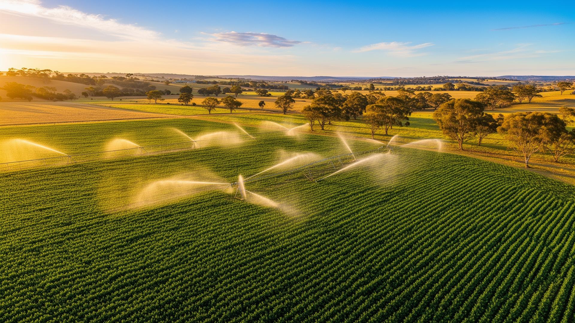 Australian irrigation farmland with sprinklers watering green crops